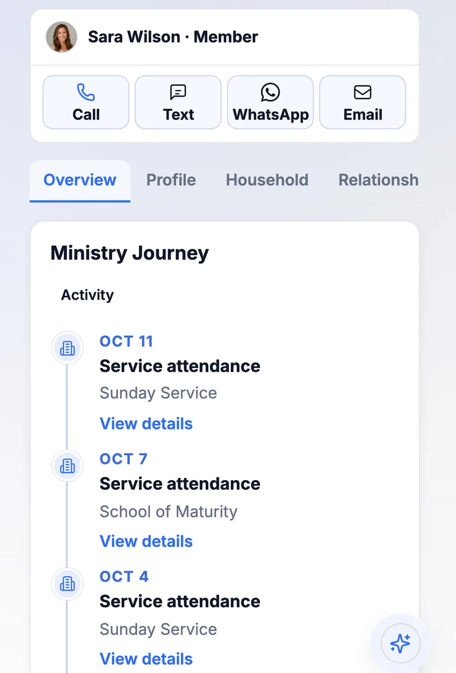 Sara Wilson's person record on a phone: Call, Text, WhatsApp and Email actions, then her Ministry Journey with recent service attendance.