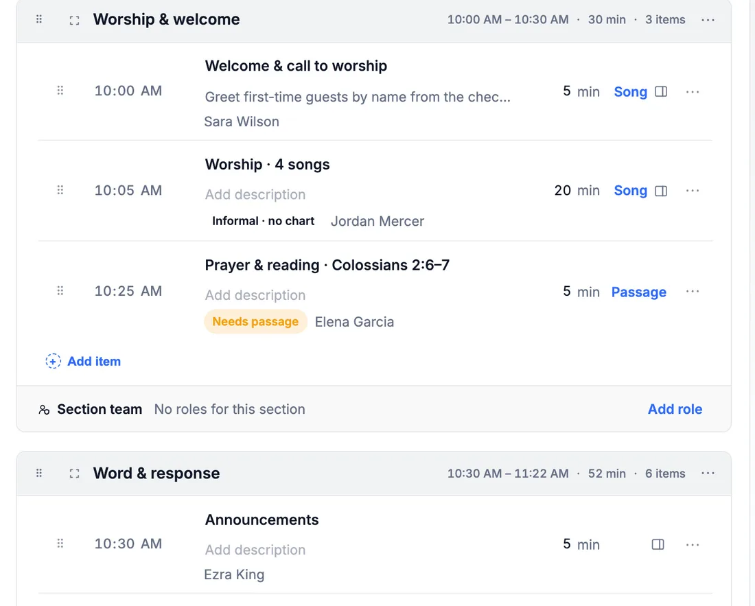 The published order of service for Sunday Worship · Rooted: Worship & welcome and Word & response sections with times, durations, songs, the Colossians 2:6–7 reading and who leads each item.