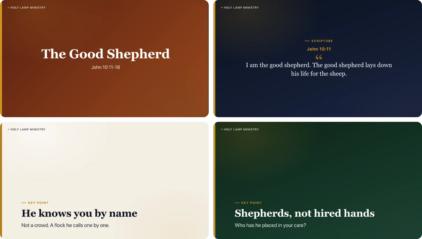 Four projection slides from the message: the title slide The Good Shepherd on ember, a John 10:11 scripture slide on midnight blue, and key points on warm sand and forest green.