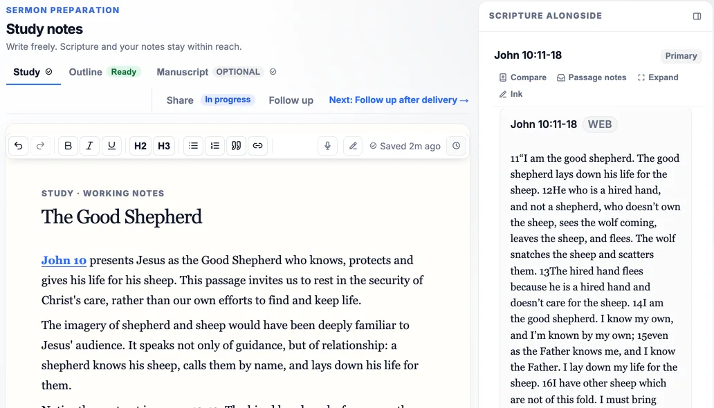 Sermon Studio with study notes for The Good Shepherd on the left and John 10:11–18 in the World English Bible beside them in the Scripture pane.