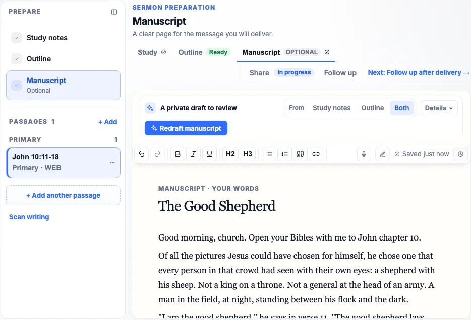 Sermon Studio on the manuscript step: the opening of The Good Shepherd written out in full.