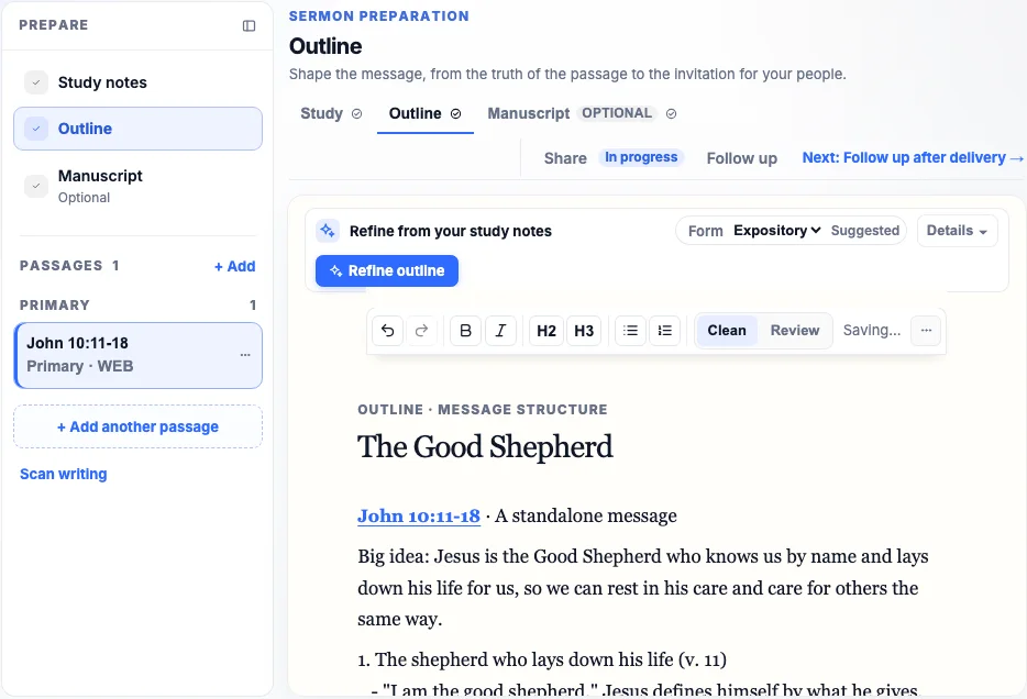 Sermon Studio on the outline step for The Good Shepherd: John 10:11–18, the big idea and the first point of the message beside the preparation steps.